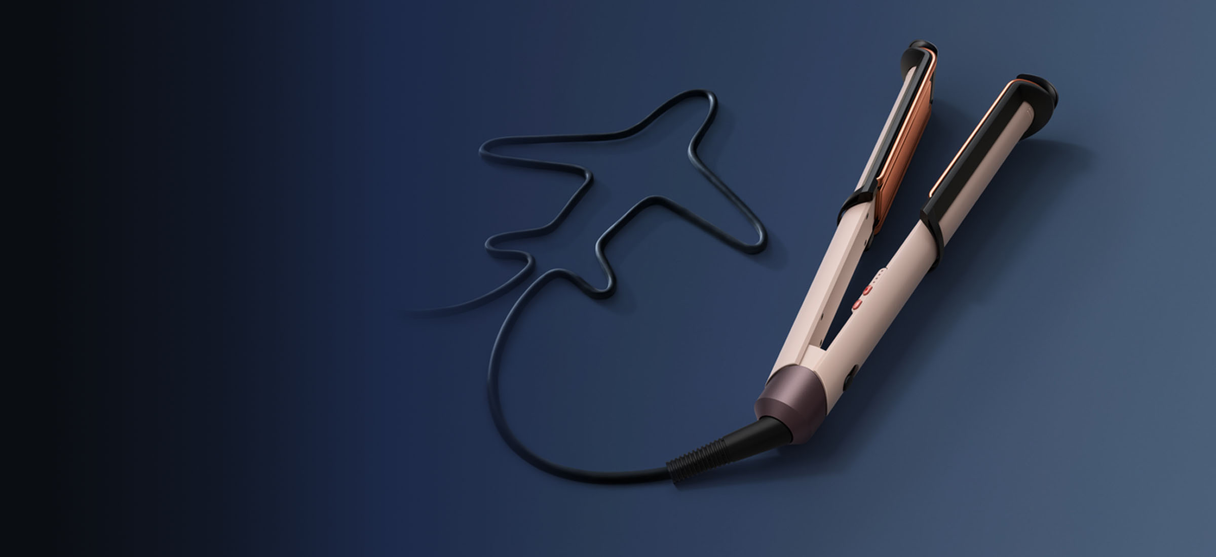 žehlička Dyson Corrale CoolShine (Ceramic pink / Rose gold) položená na modročerném pozadí
