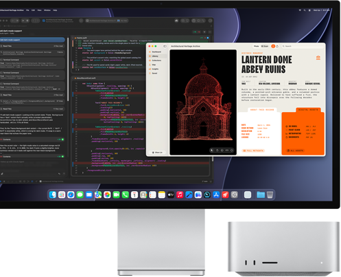 Studio Display XDR, na obrazovce je dokument rozpracovaný v agentovi Claude v Xcodu, Mac Studio, pohled zepředu
