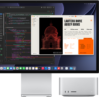 Studio Display XDR, na obrazovce je dokument rozpracovaný v agentovi Claude v Xcodu, Mac Studio, pohled zepředu