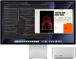 Studio Display XDR, na obrazovce je dokument rozpracovaný v agentovi Claude v Xcodu, Mac Studio, pohled zepředu