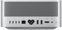 Mac Studio, zadní strana, větrací otvory v hliníkovém plášti, čtyři porty Thunderbolt 5, jeden ethernet, jedna napájecí zdířka, dva porty USB‑A, jeden port HDMI, jeden sluchátkový konektor a tlačítko napájení