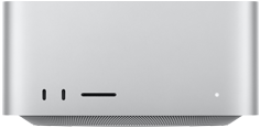 Pohled zepředu na Mac Studio, dva porty USB‑C, slot na kartu SDXC, stavová kontrolka, základna se zkosenými hranami, plochá horní strana, zaoblené boční hrany, rovné strany, stříbrná barva, pohled zezadu na Mac Studio, větrací otvory v hliníkovém plášti, čtyři porty Thunderbolt 5, jeden ethernetový, jedna napájecí zdířka, dva porty USB‑A, jeden port HDMI, jeden sluchátkový konektor a tlačítko napájení