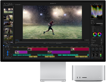 Studio Display XDR s integrovaným stojanem, Mac Studio se krásně vejde pod displej, na obrazovce probíhá stříhání videa a color grading