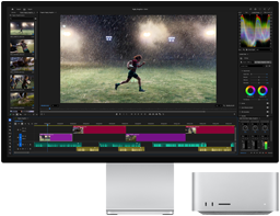 Studio Display XDR s integrovaným stojanem, Mac Studio se krásně vejde pod displej, na obrazovce probíhá stříhání videa a color grading