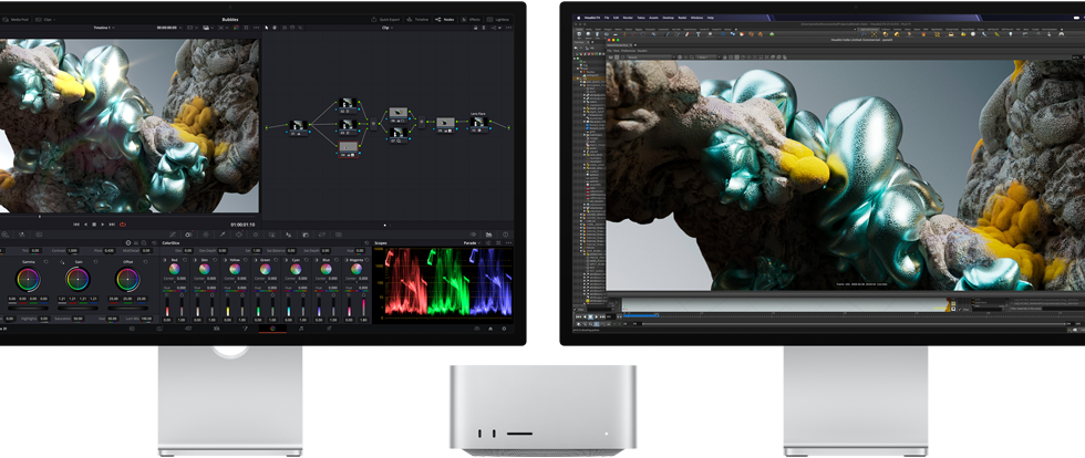 Studio Display a Studio Display XDR, každý na jedné straně Macu Studio, na obrazovce pracovní plocha tvůrce, nástroje a software na 3D modelování