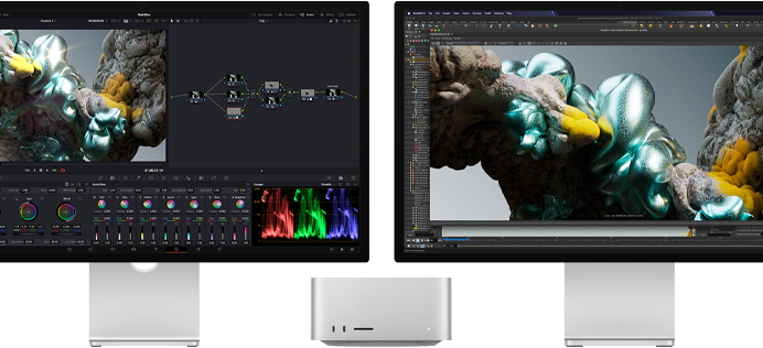 Studio Display a Studio Display XDR, každý na jedné straně Macu Studio, na obrazovce pracovní plocha tvůrce, nástroje a software na 3D modelování