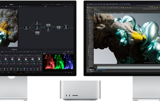 Studio Display a Studio Display XDR, každý na jedné straně Macu Studio, na obrazovce pracovní plocha tvůrce, nástroje a software na 3D modelování