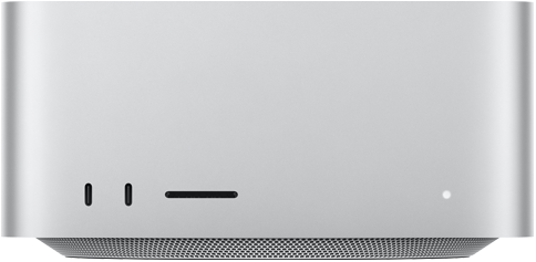 Pohled zepředu na Mac Studio, dva porty USB‑C, slot na kartu SDXC, stavová kontrolka, základna se zkosenými hranami, plochá horní strana, zaoblené boční hrany, rovné strany, stříbrná barva{