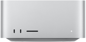 Pohled zepředu na Mac Studio, dva porty USB‑C, slot na kartu SDXC, stavová kontrolka, základna se zkosenými hranami, plochá horní strana, zaoblené boční hrany, rovné strany, stříbrná barva{