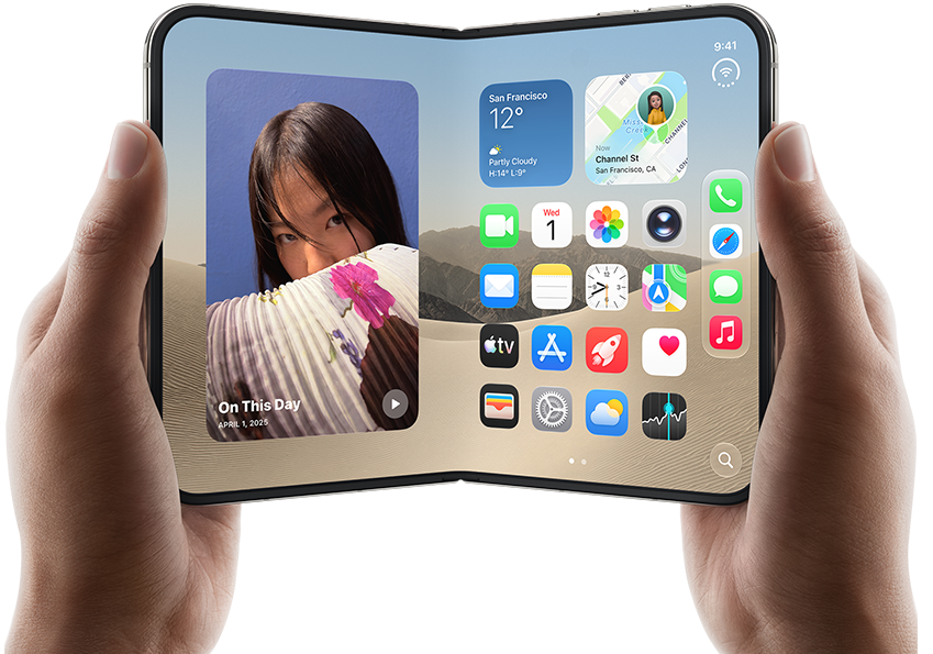Rozevřený iPhone&nbsp;[V68] v&nbsp;barvě [L8], dvě ruce ho drží na šířku, na vnitřním displeji je vlevo widget fotek a&nbsp;vpravo aplikace